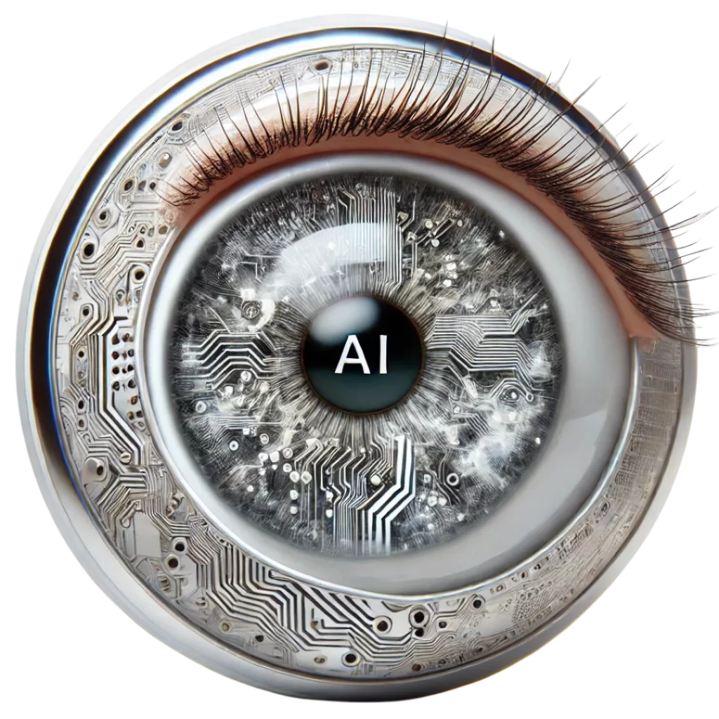 A representation of a human eye powered by Artificial Intelligence. The image describes the connection between the human eye and the vision sensors created by Eye2Drive